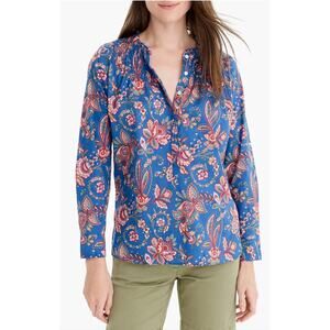 J. Crew Liberty Popover Top Blue Floral Ruffle Preppy Boho Spring Cotton Sz 2